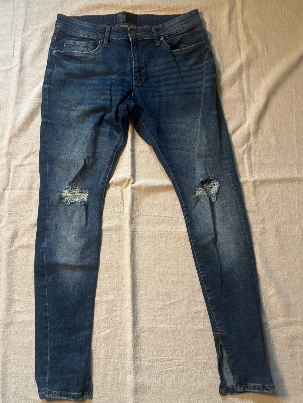 YoungLA Men's Distressed Skinny Jeans Dark Wash Ankle Zip Denim 36x30.5